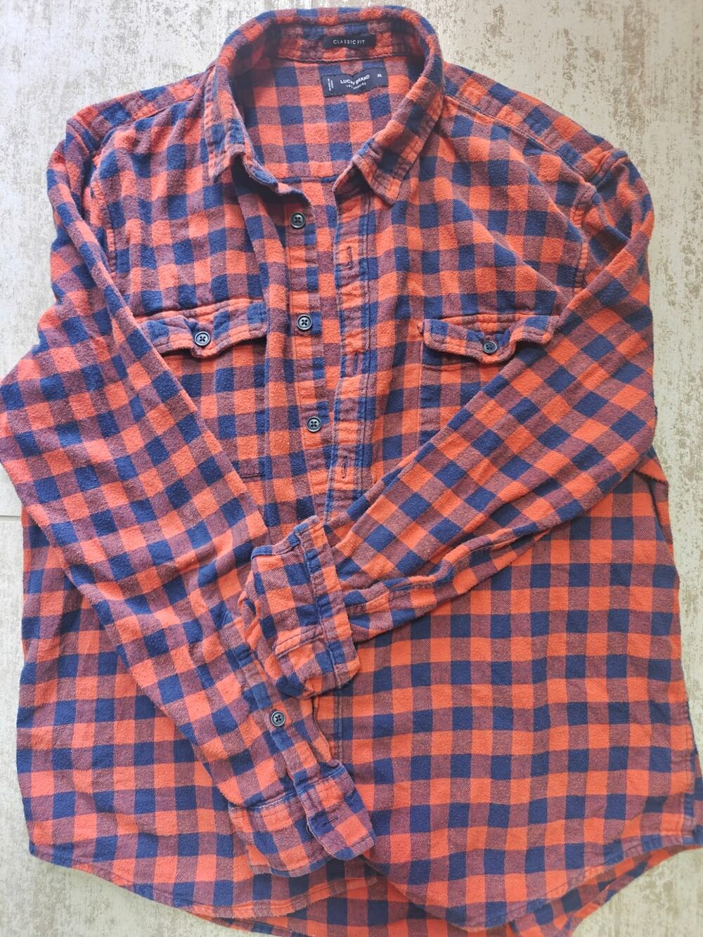 Lucky Brand Classic Fit Flannel Shirt Orange Blue Plaid Mens XL 100% Cotton